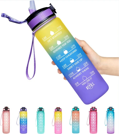 Garrafa de água motivacional esportiva sem vazamentos personalizada de 32 onças Tritan BPA com canudo marcador de tempo